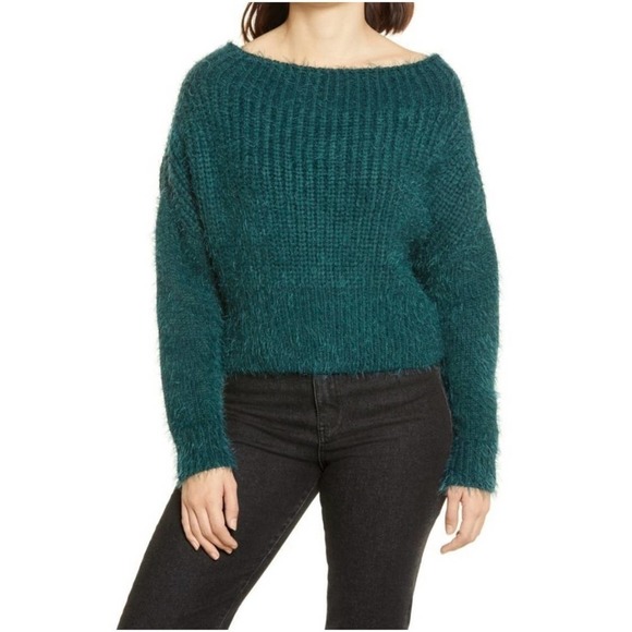New Lulus Feeling It Eyelash Knit Off The Shoulder Sweater Dark Emerald M - Picture 1 of 8